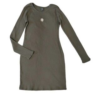 Wild Fable Mini Dress Bodycon Fitted Sz L Daisy Olive Green Ribbed Embroidered
